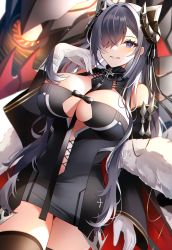Rule 34 | 1girl, absurdres, august von parseval (azur lane), azur lane, bare shoulders, black coat, black dress, black thighhighs, blue eyes, blush, breasts, center opening, cleavage, coat, dress, elbow gloves, fur-trimmed coat, fur trim, gloves, grey hair, hair over one eye, highres, horns, large breasts, long hair, long sleeves, looking at viewer, mechanical horns, non-humanoid robot, off shoulder, robot, robot dragon, short dress, smile, thighhighs, thighs, white gloves, yamaha tsui