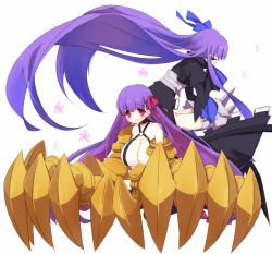 Rule 34 | 10s, 2girls, blue eyes, breasts, claws, fate/extra, fate/extra ccc, fate (series), hair ribbon, huge breasts, long hair, meltryllis (fate), mondo pop, multiple girls, passionlip (fate), purple eyes, purple hair, red eyes, ribbon, very long hair