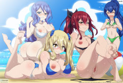 Rule 34 | 4girls, absurdres, ass, barefoot, beach, bikini, bikini top only, blonde hair, blue hair, blush, grabbing another&#039;s breast, breasts, curvy, erza scarlet, fairy tail, feet, female focus, grabbing, herchi, highres, huge ass, juvia lockser, large breasts, looking at viewer, lucy heartfilia, lying, multiple girls, nipples, ocean, pussy, red hair, smile, sweat, swimsuit, uncensored, water, wendy marvell