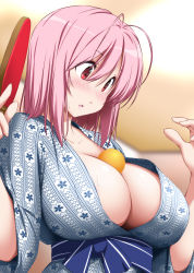 Rule 34 | 1girl, alternate costume, ball, between breasts, blue sash, blurry, blurry background, blush, breasts, cleavage, collarbone, commentary request, hair between eyes, hands up, highres, holding, indoors, japanese clothes, kimono, large breasts, long sleeves, looking down, no headwear, nori tamago, nose blush, paddle, parted lips, pink hair, red eyes, saigyouji yuyuko, sash, short hair, solo, table tennis ball, table tennis paddle, touhou, upper body