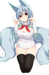 Rule 34 | 1girl, :3, animal ears, black thighhighs, blue hair, blush, bow, bowtie, braid, breasts, capelet, cleavage, covered navel, female focus, fox ears, fox shadow puppet, fox tail, hair ornament, hairclip, hand gesture, heart, heart hair ornament, highres, kisaragi yuki (sora saki), kneeling, large breasts, long sleeves, looking at viewer, multiple tails, one-piece swimsuit, original, red eyes, ribbon-trimmed sleeves, ribbon trim, school swimsuit, sideboob, simple background, smile, solo, swimsuit, tail, thigh gap, thighhighs, two tails, whiskers, white background, white school swimsuit, white one-piece swimsuit, white thighhighs, x hair ornament, zettai ryouiki