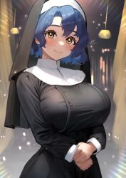 Rule 34 | 1girl, black dress, blue hair, blush, breasts, c (theta), closed mouth, commentary request, dress, highres, idolmaster, idolmaster million live!, large breasts, long hair, long sleeves, nun, short hair, signature, smile, solo, standing, toyokawa fuka, yellow eyes