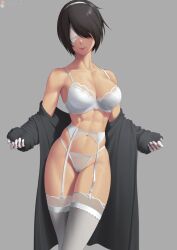 Rule 34 | 1girl, abs, black coat, blindfold, bra, breasts, closed mouth, coat, collarbone, garter belt, gloves, grey background, grey hair, hair over one eye, highres, large breasts, lips, mole, mole under eye, navel, nier:automata, nier (series), off shoulder, panties, putcher, short hair, simple background, solo, stomach, thighhighs, underwear, white blindfold, white bra, white garter belt, white panties, white thighhighs, 2b (nier:automata)