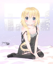Rule 34 | 1girl, asymmetrical hair, bare arms, bare shoulders, bed sheet, between legs, black dress, black thighhighs, blonde hair, blue eyes, blush, breasts, cleavage, closed mouth, collarbone, dress, hair between eyes, hand between legs, head tilt, indoors, long hair, looking at viewer, no shoes, original, signature, sitting, sleeveless, sleeveless dress, small breasts, solo, strap slip, thighhighs, tia-chan, uchuuneko, v arms, very long hair, wariza, window