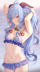 Rule 34 | 1girl, absurdres, adjusting hair, alternate costume, armpits, arms behind head, bell, bikini, blue bikini, blue hair, blurry, breasts, choker, chromatic aberration, cleavage, commentary, depth of field, english commentary, ganyu (genshin impact), genshin impact, goat horns, hair between eyes, highres, horns, long hair, looking at viewer, low ponytail, medium breasts, navel, neck bell, purple eyes, red choker, sidelocks, simple background, sleeveless, solo, stomach, swimsuit, wavy hair, zx961219