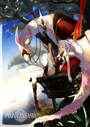 Rule 34 | 1girl, animal ears, blue sky, cachu, claws, copyright name, creature, dragon, grass, hair between eyes, highres, long hair, monster girl, pillow, pixiv fantasia, pixiv fantasia t, plant, pointy ears, polearm, saddle, sky, solo, spear, symbol-shaped pupils, thighhighs, tree, weapon, white hair, yellow eyes