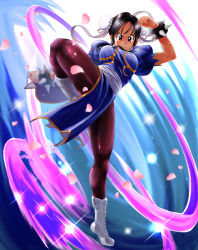 Rule 34 | 1girl, absurdres, alternate costume, black eyes, black hair, blue dress, boots, bracelet, breasts, brown pantyhose, bun cover, capcom, chi-chi (dragon ball), china dress, chinese clothes, chun-li, chun-li (cosplay), cosplay, cross-laced footwear, double bun, dragon ball, dragon ball (classic), dress, fighting stance, full body, hair bun, highres, jewelry, knee boots, long hair, looking at viewer, nagare seiya, pantyhose, pelvic curtain, puffy short sleeves, puffy sleeves, sash, short sleeves, solo, spiked bracelet, spikes, standing, street fighter, thighs, white footwear