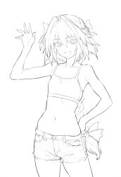 1boy armpits astolfo_(fate) bad_id bad_twitter_id bow braid crop_top fang fate_(series) hair_intakes hair_ornament hair_ribbon hand_up highres lineart long_hair looking_at_viewer male_focus open_mouth parallaxfused ribbon short_shorts shorts simple_background single_braid smile solo trap white_background