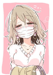 Rule 34 | 1girl, bag, blush, breasts, brown hair, coat, unworn coat, collarbone, earrings, half-closed eyes, holding, holding clothes, jewelry, long hair, looking at viewer, mask, mole, mole under eye, mouth mask, original, pendant, pink background, portrait, sodapop (iemaki), solo, surgical mask, sweater, wavy hair, white sweater
