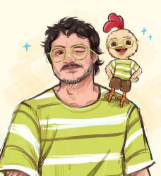 Rule 34 | 2boys, bird, black hair, brown eyes, brown shorts, chicken, chicken little, chicken little cluck, ciaa-arts, clenched hands, closed mouth, commentary, crossover, english commentary, glasses, green shirt, highres, looking at viewer, multiple boys, open mouth, pedro pascal, portrait, real life, rooster, shirt, short hair, shorts, simple background, smile, sparkle