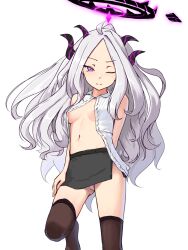 Rule 34 | 1girl, areola slip, black skirt, black thighhighs, blue archive, breasts, commentary request, demon girl, demon horns, grey hair, halo, highres, hina (blue archive), horns, long hair, miniskirt, multiple horns, no bra, one eye closed, open clothes, open shirt, panties, petite, pink eyes, shin (shincrz), shirt, skirt, sleeveless, sleeveless shirt, small breasts, solo, thighhighs, underwear, very long hair, white panties