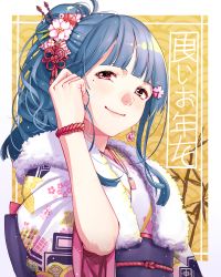 Rule 34 | 1girl, blue hair, blush, closed mouth, commentary request, earrings, floral print, flower, fur collar, hair flower, hair ornament, hand in own hair, hand up, highres, japanese clothes, jewelry, kimono, long hair, looking at viewer, mole, mole under eye, obi, pink flower, print kimono, red eyes, rope, sash, smile, solo, tendouji musubi, tokyo 7th sisters, upper body, wide sleeves, wristband, yakimi 27