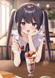 Rule 34 | 1girl, :d, absurdres, black hair, cafe, feeding, food, fruit, hair ribbon, hand on own cheek, hand on own face, highres, holding, holding spoon, incoming food, indoors, looking at viewer, okiq, open mouth, original, purple eyes, ribbon, sleeveless, smile, solo, spoon, strawberry, strawberry parfait, table, twintails, white ribbon, window