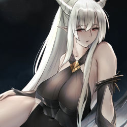 Rule 34 | 1girl, arknights, black one-piece swimsuit, blush, breasts, female focus, highres, horns, krirk, large breasts, long hair, looking at viewer, mature female, official alternate costume, one-piece swimsuit, red eyes, self-upload, shining (arknights), shining (silent night) (arknights), solo, swimsuit, thick thighs, thighs, water, white hair