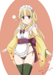 Rule 34 | 1girl, 22/7, apron, blonde hair, clothing cutout, commentary request, cowboy shot, cropped kimono, dated, frilled apron, frilled panties, frills, frown, fujima sakura, green panties, green thighhighs, highres, japanese clothes, kimono, long hair, long sleeves, looking at viewer, maid headdress, no pants, open mouth, panties, purple eyes, shoulder cutout, side-tie panties, solo, standing, string panties, thighhighs, twitter username, underwear, wan&#039;yan aguda, white apron, wide sleeves, yellow kimono