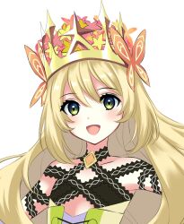 Rule 34 | 1girl, :d, bare shoulders, blonde hair, butterfly hair ornament, celine (fire emblem), commentary, criss-cross halter, crown, fire emblem, fire emblem engage, flat chest, flower, green eyes, hair between eyes, hair flower, hair ornament, halterneck, highres, kakiko210, long hair, looking at viewer, nintendo, open mouth, smile, solo, upper body, white background