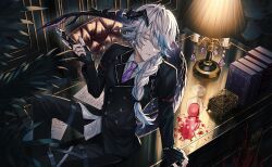 Rule 34 | 1boy, alcohol, arknights, azuma hatori, black suit, blood, blood on face, bloody weapon, blue hair, book, braid, buttons, chair, commentary, cup, dagger, desk, double-breasted, dragon boy, dragon horns, dragon tail, drinking glass, earrings, feet out of frame, formal, glass shards, head tilt, highres, holding, holding dagger, holding knife, holding weapon, horns, indoors, jewelry, knee up, knife, lamp, light blue hair, long hair, looking at viewer, male focus, mixed-language commentary, multicolored hair, necktie, on desk, parted lips, plant, purple eyes, purple necktie, puzzle (arknights), sitting, on desk, solo, spill, streaked hair, striped necktie, suit, swept bangs, tail, thigh strap, weapon, white hair, wine, wine glass