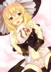 Rule 34 | 1girl, blonde hair, blush, braid, breasts, brown eyes, clothes pull, covered erect nipples, dutch angle, female focus, flat chest, hat, highres, kaneru, kirisame marisa, lying, navel, nipples, off shoulder, on back, open mouth, panties, pink panties, see-through, shirt, single braid, skirt, skirt pull, solo, touhou, uncensored, underwear, vest, water, wet, wet clothes, wet panties, wet shirt, witch hat