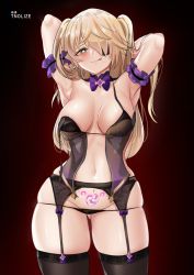 Rule 34 | 1girl, :p, areola slip, armpits, arms behind head, arms up, artist name, black panties, black thighhighs, blonde hair, blush, bow, bowtie, breasts, corruption, cowboy shot, eyepatch, fischl (genshin impact), garter belt, garter straps, genshin impact, green eyes, hair over one eye, half-closed eye, heart, heart-shaped pupils, highres, lingerie, long hair, medium breasts, naughty face, navel, nipple slip, nipples, panties, panties over garter belt, pixiv username, pubic tattoo, skindentation, solo, strap slip, striped clothes, striped panties, symbol-shaped pupils, tattoo, thick thighs, thighhighs, thighs, tnolize, tongue, tongue out, twintails, underwear, wide hips
