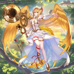 Rule 34 | 1girl, angel wings, armpits, artist request, bare shoulders, blonde hair, breasts, cloud, commentary request, day, detached sleeves, double bun, dress, feathered wings, flying, full body, golden wings, gullinkambi, hair between eyes, hair bun, high heels, holding, looking at viewer, medium breasts, nail polish, navel, official art, outdoors, red eyes, solo, thigh strap, tree, valkyrie connect, wings
