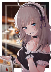 Rule 34 | 1girl, aa-12 (girls&#039; frontline), ahoge, alternate costume, bandaged fingers, bandages, bar (place), bare shoulders, black choker, black ribbon, blue eyes, blunt bangs, blush, bow, child (isoliya), choker, english text, enmaided, finger to face, food, frilled sleeves, frills, girls&#039; frontline, grey hair, grin, hair bow, highres, index finger raised, long hair, looking at viewer, maid, maid headdress, medium hair, menu, outside border, pudding, puffy short sleeves, puffy sleeves, ribbon, short sleeves, smile, solo, waitress