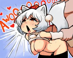 Rule 34 | 1girl, animal ears, arm grab, blue background, blush, bouncing breasts, breasts, clothes lift, doggystyle, hat, heart, inubashiri momiji, navel, nipples, notepaddy, open mouth, red eyes, sex, sex from behind, shirt lift, short hair, sweat, tail, tears, tokin hat, touhou, white hair, wolf ears, wolf tail