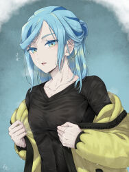 Rule 34 | 1boy, black shirt, blue eyes, blue hair, breath, collarbone, colored eyelashes, commentary request, creatures (company), eyelashes, game freak, grusha (pokemon), highres, jacket, long hair, looking down, male focus, min (myna8247), nintendo, off shoulder, open clothes, open jacket, parted lips, pokemon, pokemon sv, shirt, solo, upper body, wet, wet clothes, yellow jacket