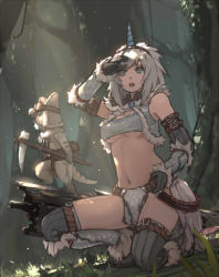 Rule 34 | 1girl, :o, animal, bandeau, bare shoulders, belt, blue eyes, breasts, cat, dappled sunlight, elbow gloves, felyne, fur trim, gloves, goggles, goggles on head, grass, hairband, horns, kirin (armor), kneeling, loincloth, long hair, looking afar, midriff, monster hunter (series), mushroom, navel, on one knee, open mouth, outdoors, shading eyes, sickle, single horn, solo, sunlight, thighhighs, tree, underboob, vest, weapon, white hair, xiao qiang (overseas)