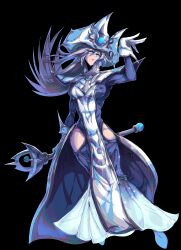 Rule 34 | 1girl, absurdres, black background, blue dress, breasts, dress, duel monster, gloves, grey eyes, hat, highres, hip vent, holding, holding staff, long hair, medium breasts, multicolored clothes, multicolored dress, silent magician, simple background, solo, spiked hair, staff, vincent graphic art, white dress, white gloves, white hair, white hat, witch, witch hat, yu-gi-oh!