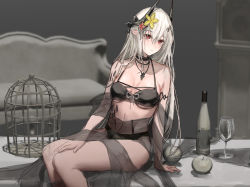 Rule 34 | 1girl, apple, arknights, bikini, birdcage, black bikini, black collar, bottle, breasts, cage, collar, demon horns, feet out of frame, flower, food, fruit, glass, grey hair, hair between eyes, hair flower, hair ornament, hand on own knee, highres, horns, indoors, infection monitor (arknights), jewelry, long hair, maria (syake-uni), material growth, medium breasts, mudrock (arknights), mudrock (silent night) (arknights), necklace, official alternate costume, oripathy lesion (arknights), red eyes, red flower, sitting, sketch, solo, stomach, swimsuit, very long hair, yellow flower
