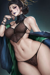 Rule 34 | 1girl, bare shoulders, black eyes, black hair, black lips, black myth: wukong, black nails, blue robe, bra, breasts, commentary, cowboy shot, earrings, english commentary, facial mark, forehead mark, fourth sister (black myth: wukong), green robe, hair ornament, highres, jewelry, lipstick, makeup, medium breasts, mixed-language commentary, multicolored robe, navel, neoartcore, paid reward available, panties, patreon username, robe, runny makeup, solo, tassel, thai commentary, underwear, wide sleeves