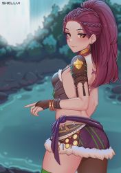 Rule 34 | 1girl, alternate breast size, artist name, ass, back, bare shoulders, blurry, blush, braid, closed mouth, cowboy shot, curvy, depth of field, eyeliner, facial mark, fire emblem, fire emblem: three houses, green thighhighs, highres, legs, light smile, long braid, long hair, looking at viewer, makeup, miniskirt, nintendo, outdoors, petra macneary, pink eyes, purple hair, revealing clothes, shellvi, skindentation, skirt, smile, solo, standing, tattoo, thighhighs, thighs