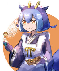 Rule 34 | 1girl, apron, blue hair, dragon girl, dragon horns, dragon tail, duel monster, eating, food, hatano kiyoshi, highres, holding, holding food, horns, laundry dragonmaid, maid, solo, tail, takoyaki, toothpick, wa maid, yellow eyes, yu-gi-oh!