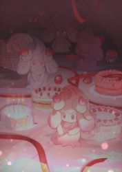 Rule 34 | alcremie, alcremie (love sweet), alcremie (mint cream), alcremie (ruby cream), alcremie (ruby swirl), alcremie (strawberry sweet), alcremie (vanilla cream), alternate color, burning, cake, candle, candlelight, chihuri, commentary request, creatures (company), facing away, fire, food, food focus, fruit, game freak, gen 8 pokemon, heart, highres, nintendo, no humans, pink eyes, pokemon, pokemon (creature), red eyes, red ribbon, ribbon, shiny pokemon, strawberry