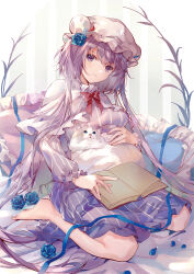 Rule 34 | 1girl, absurdly long hair, alternate costume, alternate hair color, alternate hairstyle, animal, animal on lap, bare legs, barefoot, blue dress, blue flower, blue ribbon, blue rose, book, bow, bowtie, capelet, cat, cat on lap, closed mouth, cosplay, dress, flower, frilled capelet, frilled dress, frilled hat, frilled pillow, frilled sleeves, frills, full body, gradient dress, hair flower, hair ornament, hair spread out, hat, head tilt, highres, holding, holding animal, holding cat, kita (kitairoha), light particles, long hair, long sleeves, looking at viewer, looking up, mob cap, non-web source, on bed, on lap, patchouli knowledge, patchouli knowledge (cosplay), petting, pillow, plant, purple capelet, purple dress, purple eyes, purple hair, red bow, red bowtie, red ribbon, ribbon, rose, scan, short hair with long locks, sidelocks, sitting, smile, solo, striped background, striped clothes, striped dress, touhou, tsukumo benben, two-tone dress, vertical-striped clothes, vertical-striped dress, very long hair, wariza, white cat