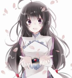 Rule 34 | 1girl, ahoge, black hair, blush, frills, kohaku hearts, long hair, looking at viewer, low-tied long hair, open mouth, purple eyes, smile, solo, tales of (series), tales of hearts, upper body