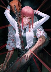 Rule 34 | black necktie, black pants, blood, blood on clothes, blood on hands, bloody weapon, blunt bangs, braid, chainsaw, chainsaw man, collared shirt, dark background, denji (chainsaw man), looking at viewer, makima (chainsaw man), necktie, pants, phamoz, red hair, ringed eyes, shirt, single braid, weapon, white shirt, yellow eyes
