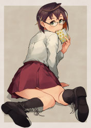 Rule 34 | 1girl, banned artist, bare legs, black hair, blue-framed eyewear, book, boots, brown hair, cross-laced footwear, dress shirt, from behind, glasses, green eyes, grey background, highres, kantai collection, lace-up boots, looking back, makio (makiomeigenbot), multicolored hair, okinami (kancolle), pink hair, pleated skirt, purple skirt, school uniform, shirt, short hair, simple background, sitting, skirt, solo, wariza, white shirt