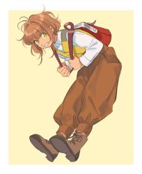 Rule 34 | 1girl, :d, bag, beige background, boots, border, brown footwear, brown hair, brown pants, cardcaptor sakura, clenched hands, commentary, dress shirt, english commentary, fingernails, full body, green eyes, happy, kinomoto sakura, leaning, leaning forward, long sleeves, looking at viewer, loveariddle, open mouth, pants, puffy pants, shirt, short hair, short hair with long locks, simple background, smile, solo, waistcoat, white border, white shirt