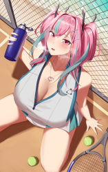 Rule 34 | 1girl, absurdres, azur lane, ball, blue hair, bottle, breasts, bremerton (azur lane), bremerton (scorching-hot training) (azur lane), chain-link fence, cleavage, crop top, crop top overhang, fence, from above, hair ornament, heart, heart necklace, highres, holding, holding bottle, huge breasts, long hair, looking at viewer, looking up, mhm2592, mole, mole under eye, multicolored hair, necklace, pink eyes, pink hair, racket, shadow, shirt, sleeveless, sleeveless shirt, solo, sportswear, squatting, streaked hair, tennis ball, tennis court, tennis racket, tennis uniform, twintails, two-tone hair, two-tone shirt, two-tone skirt, water bottle, x hair ornament