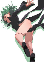 Rule 34 | 1girl, ass, black dress, black footwear, closed mouth, commentary request, curly hair, curvy, dress, fu-ta, green eyes, green hair, highres, legs, long sleeves, looking at viewer, one-punch man, shiny skin, shoes, short hair, simple background, solo, tatsumaki, thighs, white background, wide hips