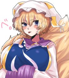 Rule 34 | 1girl, :p, absurdres, animal hat, blonde hair, blue eyes, blush, breasts, dress, fox tail, gold trim, hair between eyes, hands in opposite sleeves, hat, highres, huge breasts, kashiwara mana, long sleeves, looking at viewer, mob cap, multiple tails, short hair, solo, tabard, tail, tongue, tongue out, touhou, upper body, white dress, yakumo ran