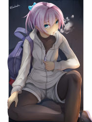 Rule 34 | 1girl, :o, bad id, bad pixiv id, bag, black footwear, black pantyhose, blue bow, blue eyes, blush, bow, breath, grey jacket, grey shorts, hair between eyes, hair bow, hair intakes, hand on own knee, jacket, kantai collection, knee up, long sleeves, looking at viewer, nose blush, open mouth, over shoulder, pantyhose, pantyhose under shorts, pink hair, shiranui (kancolle), shoes, short hair, short ponytail, shorts, sitting, solo, suohachi, twitter username, unzipping, zipper, zipper pull tab