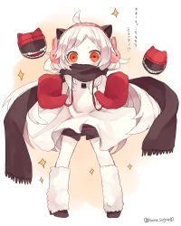 Rule 34 | 10s, abyssal ship, ahoge, black scarf, covered mouth, dress, kantai collection, long hair, mittens, northern ocean princess, red eyes, scarf, scarf over mouth, shugao, solo, sparkle, twitter username, white hair, white scarf