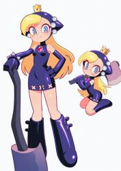 Rule 34 | 1girl, axe, batrobin k, black footwear, black gloves, blonde hair, blue eyes, boots, breasts, closed mouth, crown, elbow gloves, fang, fang out, gloves, hand on own hip, highres, holding, holding axe, knee boots, long hair, looking at viewer, mario (series), mario power tennis, mario tennis, nintendo, seiza, simple background, sitting, small breasts, solo, symbol-shaped pupils, warupeach, white background, x-shaped pupils