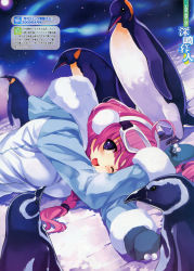 Rule 34 | 1girl, absurdres, bird, blue eyes, blush, braid, earmuffs, gloves, goggles, goggles on head, highres, jacket, long sleeves, lying, misaki kurehito, night, night sky, one eye closed, open mouth, original, penguin, pink hair, sky, smile, snow, solo, star (symbol), translation request, wink