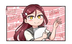 Rule 34 | 1girl, artist name, artist request, blush, bow, breasts, brown hair, cjrb1228, collarbone, collared shirt, female focus, hair ornament, hairclip, hand wave, highres, holding, holding paper, long hair, looking at viewer, love live!, love live! sunshine!!, musical note, otonokizaka school uniform, paper, parted lips, red bow, red hair, red neckwear, sakurauchi riko, school uniform, shirt, smile, solo, white shirt, yellow eyes