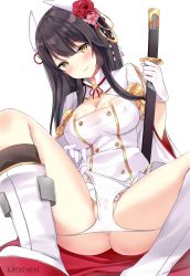 Rule 34 | 1girl, artist name, ass, azur lane, black hair, black socks, blush, boots, breasts, buttons, cleavage, cleavage cutout, clothes lift, clothing cutout, double-breasted, flower, gloves, hair flower, hair ornament, hiei (azur lane), horns, kaetzchen, katana, knee boots, kneehighs, leaning back, lips, long hair, long sleeves, looking at viewer, medium breasts, military, military uniform, miniskirt, panties, panty pull, pleated skirt, red flower, red rose, revision, rose, sheath, sheathed, simple background, sitting, skirt, skirt lift, socks, solo, spread legs, sword, tareme, thighs, underwear, uniform, very long hair, weapon, white background, white footwear, white gloves, white panties, white skirt, wide sleeves, yellow eyes