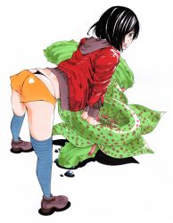 Rule 34 | 1girl, ass, bent over, black eyes, black hair, black panties, blue thighhighs, brown footwear, full body, gagaimo, hair over one eye, highres, hood, hoodie, jacket, leaning forward, leaning on object, legs, long sleeves, looking at viewer, looking back, lowleg, lowleg shorts, marker (medium), micro shorts, open mouth, orange shorts, original, panties, plant, red jacket, shoes, shorts, smile, solo, striped clothes, striped thighhighs, swept bangs, thighhighs, thong, traditional media, underwear, whale tail (clothing)