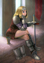 Rule 34 | 1girl, armor, blonde hair, blue eyes, boots, cup, dress, female focus, final fantasy, final fantasy tactics, gauntlets, headband, indoors, crossed legs, long hair, roten, sitting, solo, squire (fft), sword, weapon